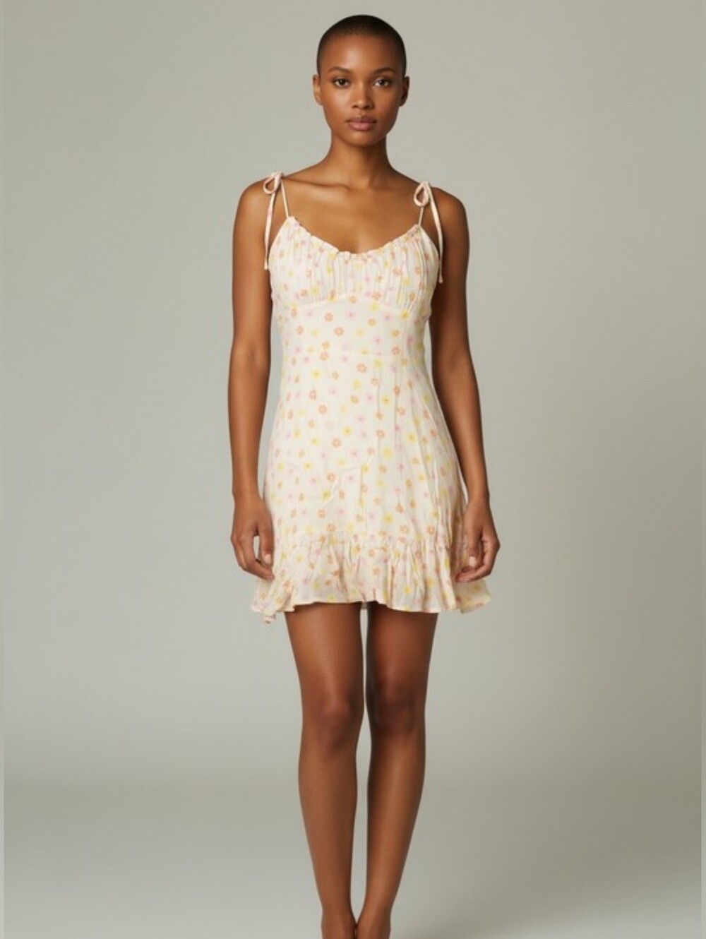 Elodie Cream Floral Tie-Shoulder Milkmaid Mini Dress with Pink & Yellow Accents